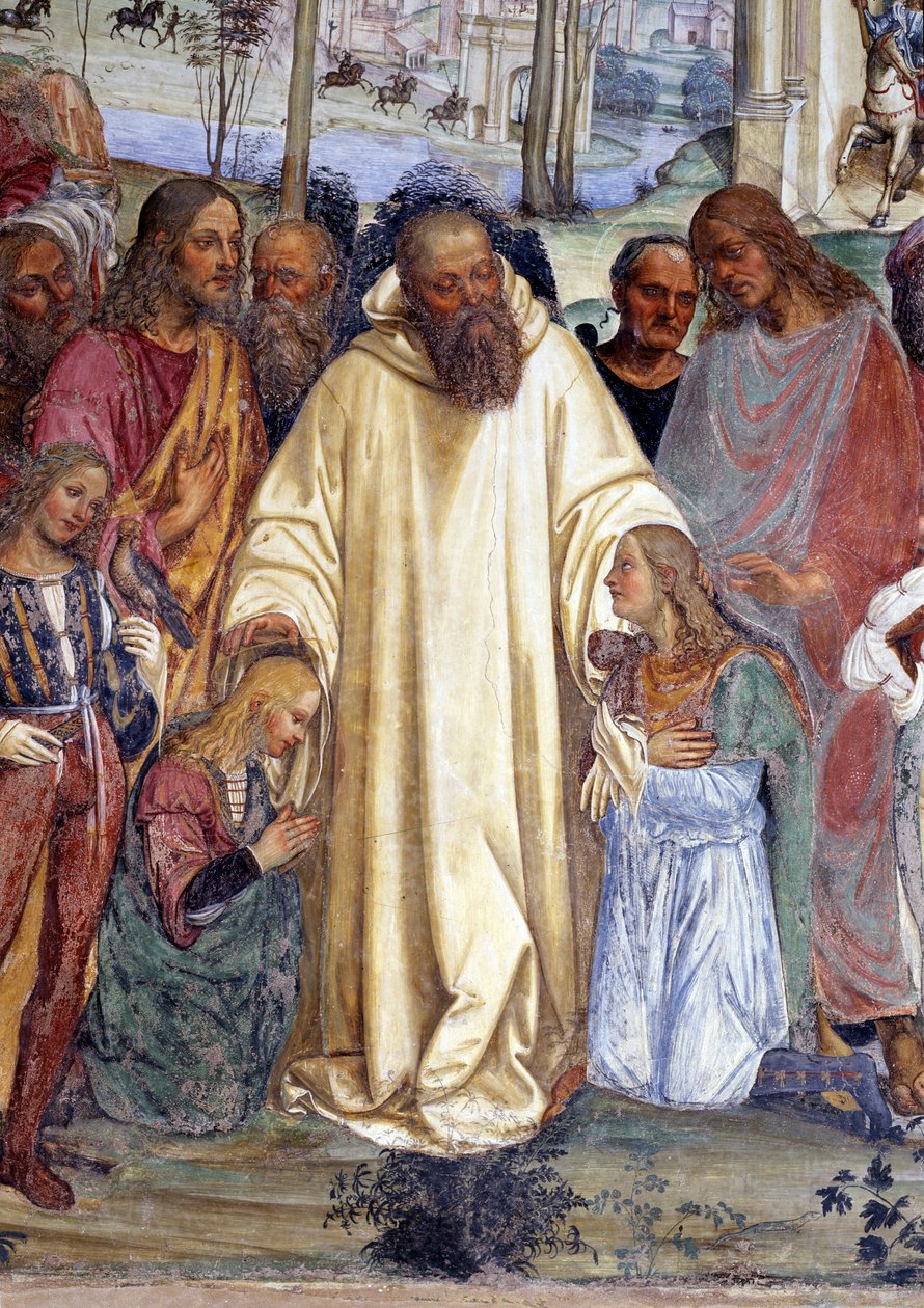 Saint Benedict tar emot två unga romare, Maur och Placide (St. Benedict möter två unga romaner, Maurus och Placid) Detaljfresk av klädseln gjord av Antonio Bazzi dit il Sodoma (1477 - 1549) som berättar om livet för Saint Benedict of Nursie (480 - 567) fo av Giovanni Antonio Bazzi Sodoma