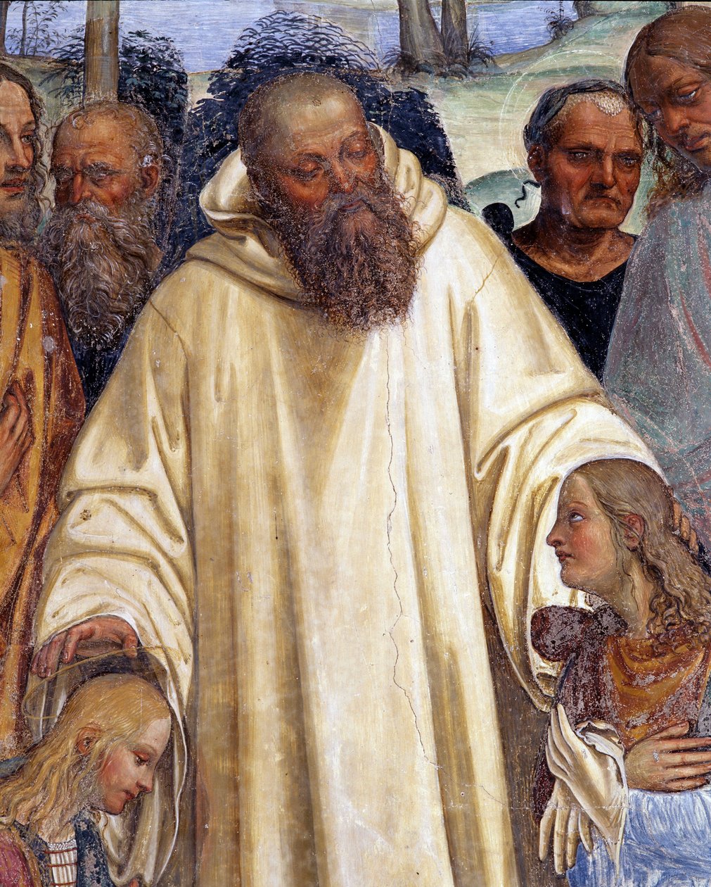 Saint Benedict tar emot två unga romare, Maur och Placide (St. Benedict möter två unga romaner, Maurus och Placid) Detaljfresk av klädseln gjord av Antonio Bazzi dit il Sodoma (1477 - 1549) som berättar om livet för Saint Benedict of Nursie (480 - 567) fo av Giovanni Antonio Bazzi Sodoma