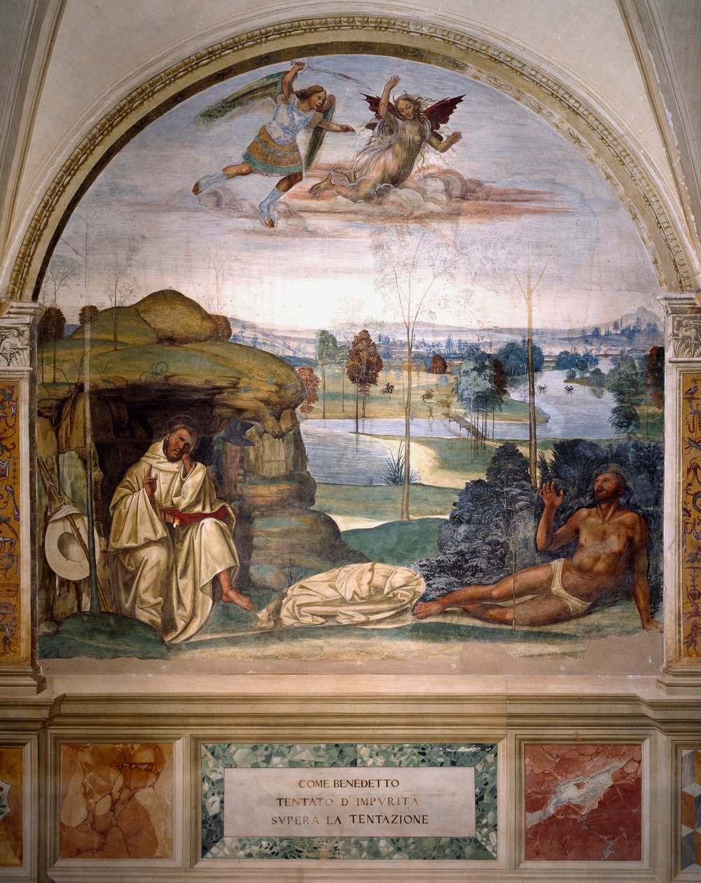 Sankt Benedictus segrar över frestelsen genom att kasta sig naken in i en taggbuske, medan en ängel kämpar mot demonen Fresco i munkarnas matsal gjord av Antonio Bazzi dit il Sodoma (1477 - 1549) som berättar om Sankt Benediktins liv (48) av Giovanni Antonio Bazzi Sodoma
