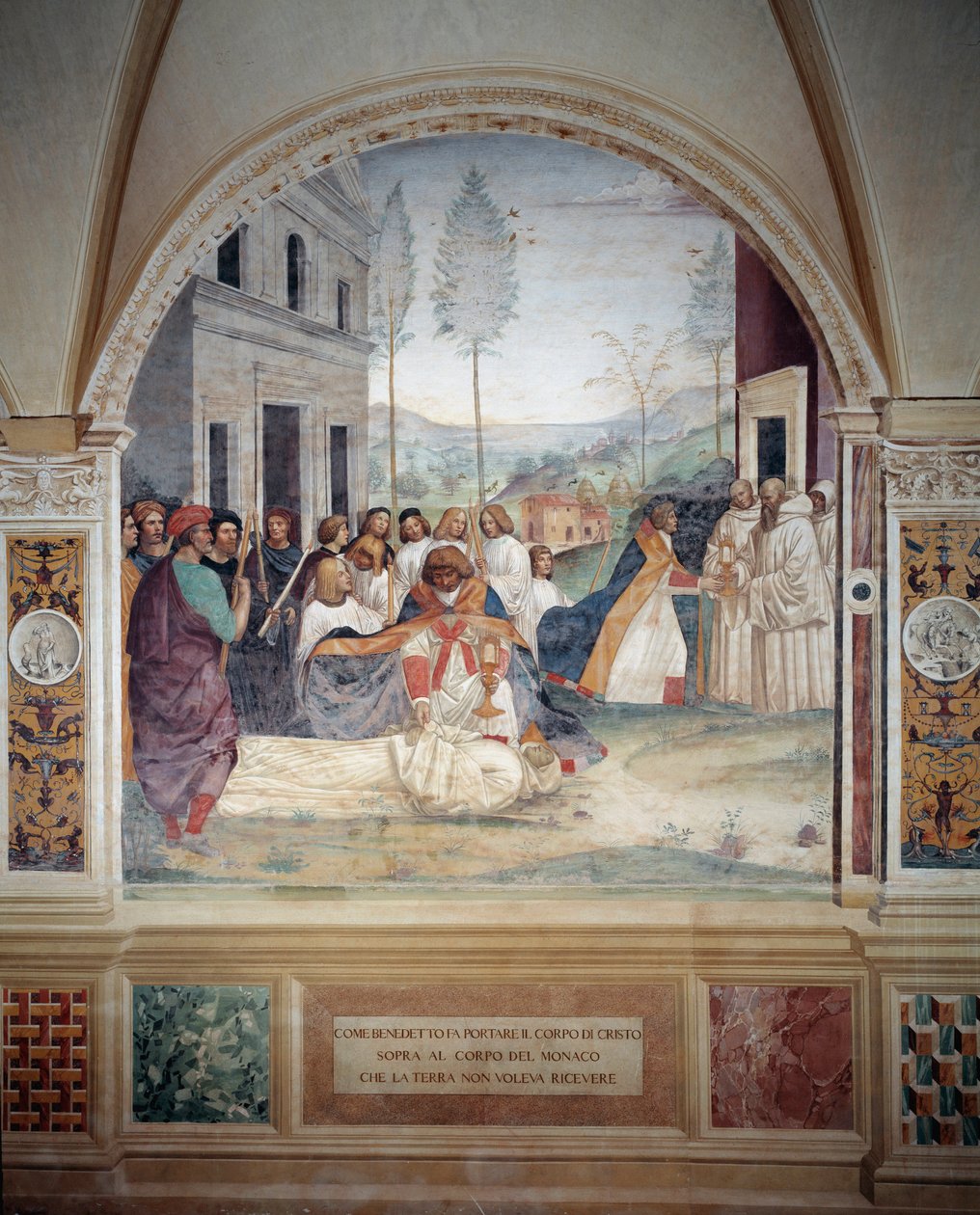 St Benedict bär Kristi kropp på munkens kropp som jorden vägrar att begrava fresk av klädseln gjord av Antonio Bazzi dit il Sodoma (1477 - 1549) som berättar om livet för Saint Benedict of Nursie (480 - 567) grundare av Benediorden av Giovanni Antonio Bazzi Sodoma