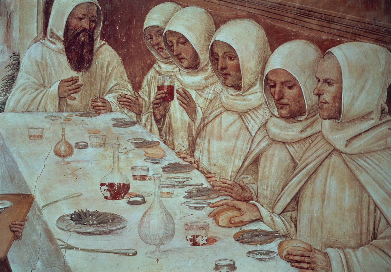 St. Benedictus har fått gott om mjöl och matat munkarna, detalj från St. Benedikts liv av Giovanni Antonio Bazzi Sodoma
