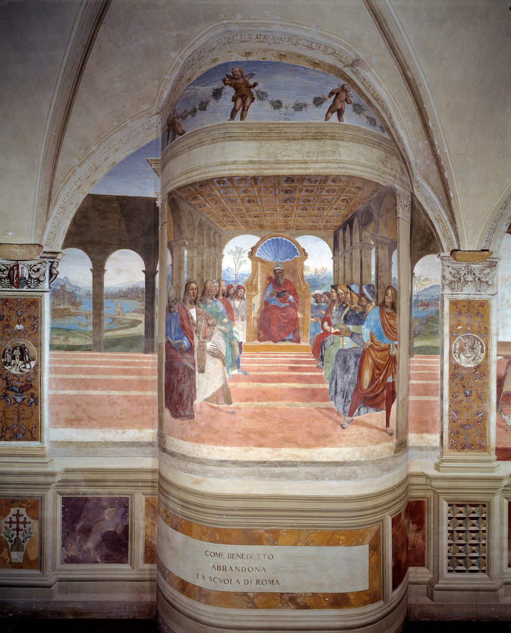 St Benedict lämnar skolan i Rom fresk av klostret producerad av Antonio Bazzi dit il Sodoma (1477 - 1549) och berättar om livet för Saint Benedict of Nursie (480 - 567) grundare av Benediktinerorden 1503 - 1508 Abbey of Monte Oliveto Maggiore , av Giovanni Antonio Bazzi Sodoma