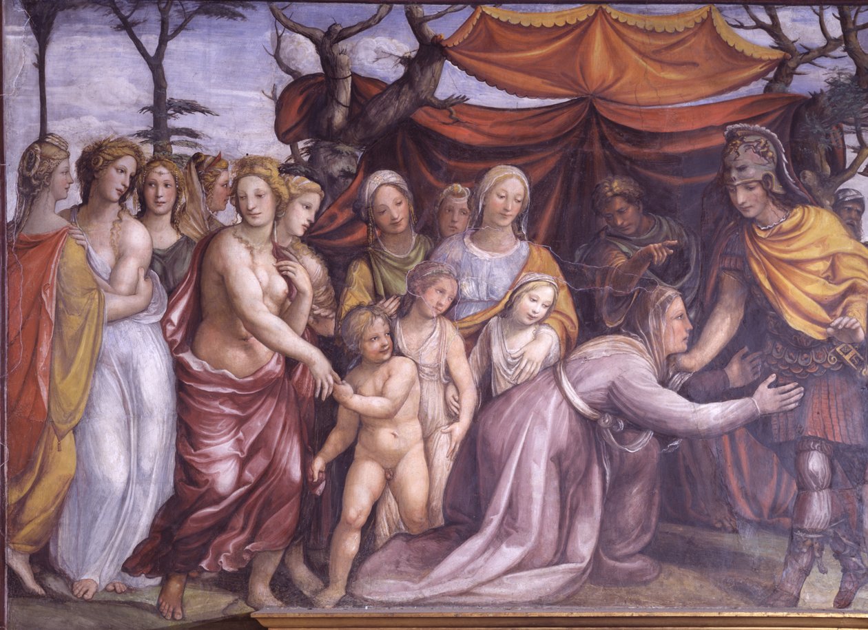 Sala delle Nozze di Alessandro e Rossana Hall av Alexander den stores bröllop 356-323 f.Kr. och Roxanne detalj av Alexander med familjen av Darius III, ca 1513 fresk av Giovanni Antonio Bazzi Sodoma