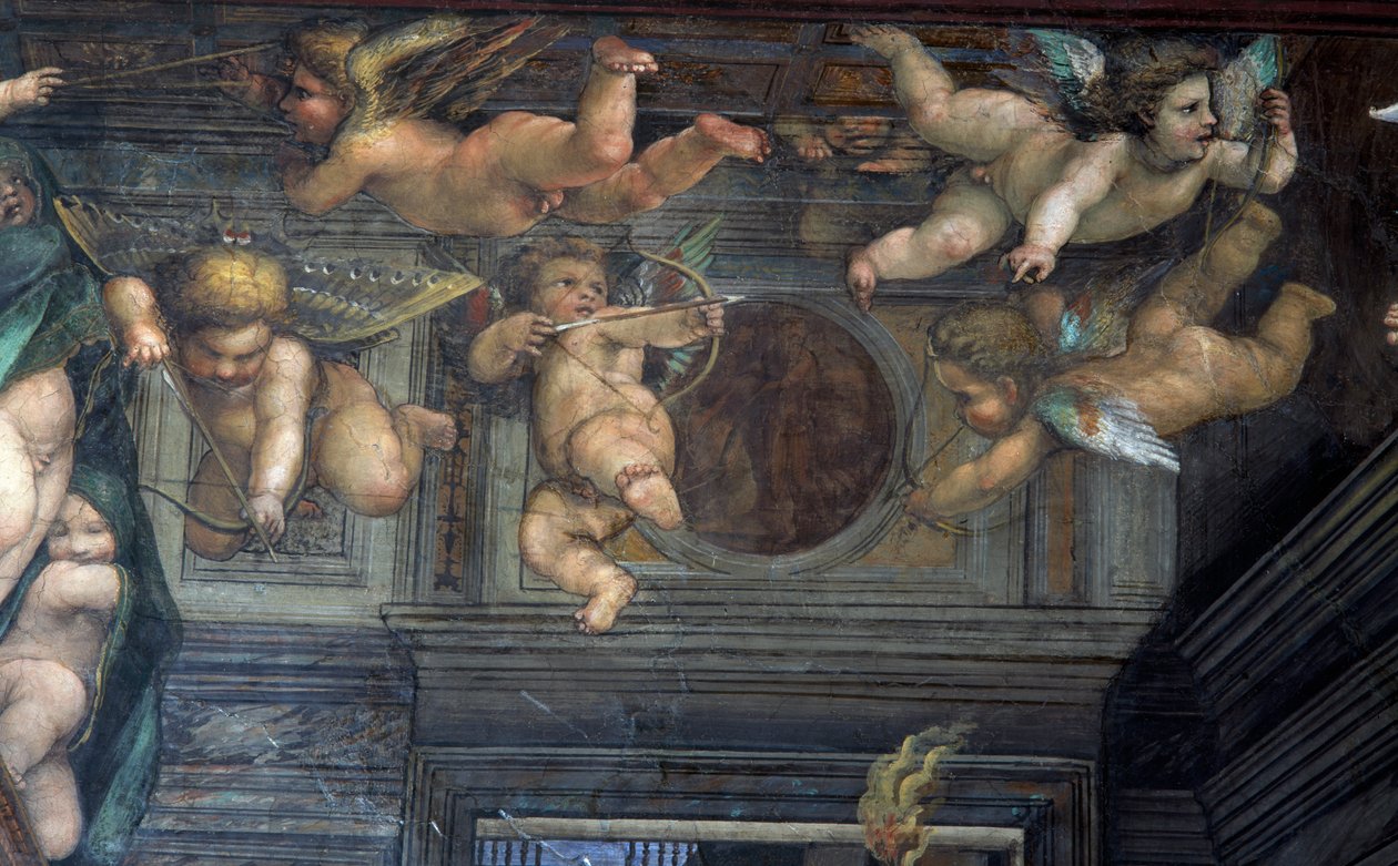 Sala delle Nozze di Alessandro e Rossana Hall av Alexander den stores bröllop 356-323 f.Kr. till Roxanne detalj av flygande putti, c.1513 freskdetalj av 107226 av Giovanni Antonio Bazzi Sodoma