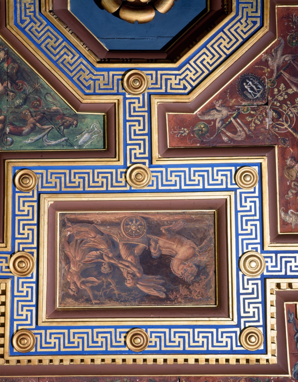 Sala delle Nozze di Alessandro e Rossana Hall av Alexander den stores bröllop 356-323 f.Kr. och Roxanne-detaljen i takdekorationen, fresk ca 1513 av Giovanni Antonio Bazzi Sodoma