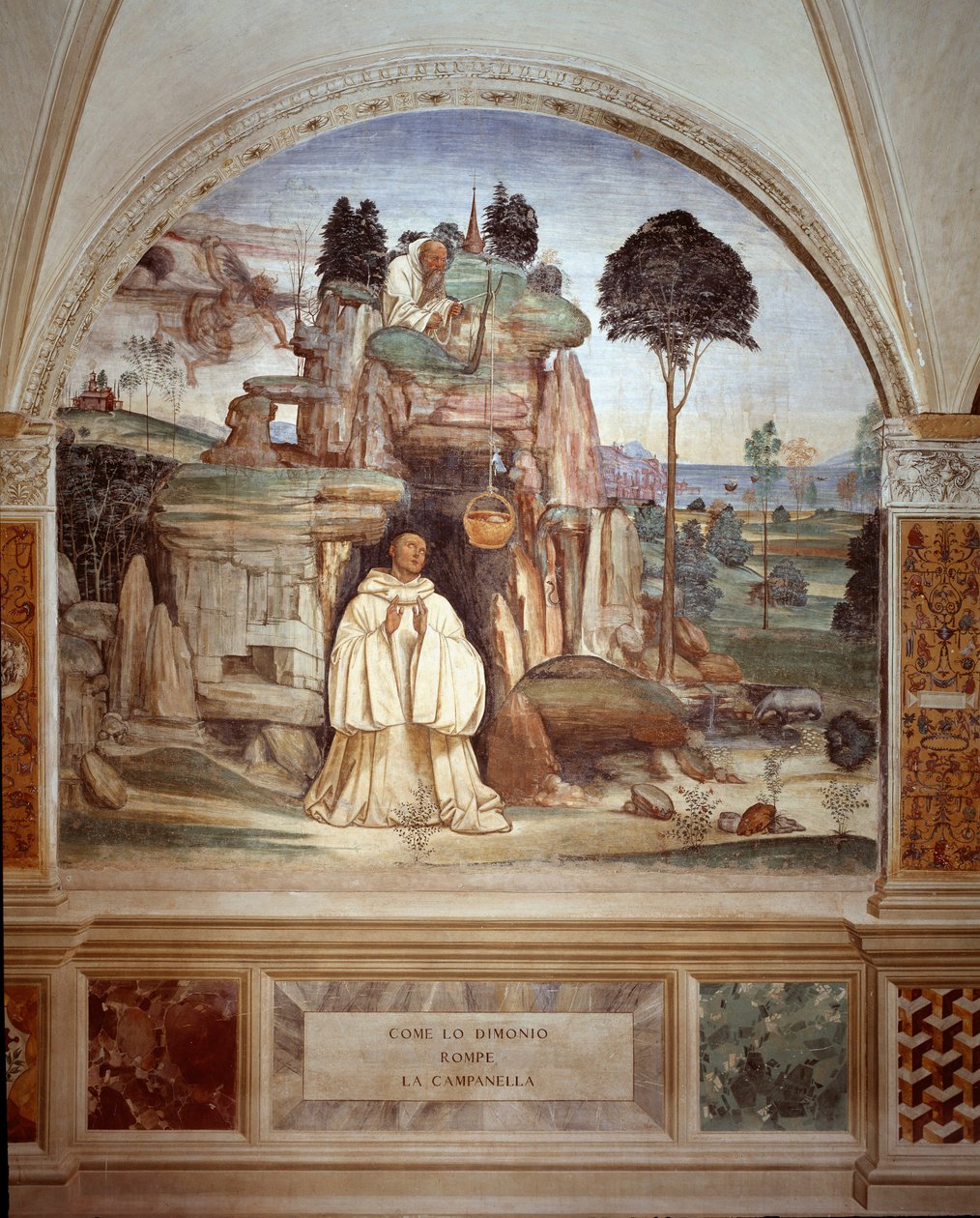 Demonen bryter klockan - Demonen bryter klockfresken av klostret gjord av Antonio Bazzi dit il Sodoma (1477 - 1549) som berättar om livet för Saint Benedict of Nursie (480 - 567) grundare av Benediktinerorden 1503 - 1508 Abbey av Monte Olivet av Giovanni Antonio Bazzi Sodoma