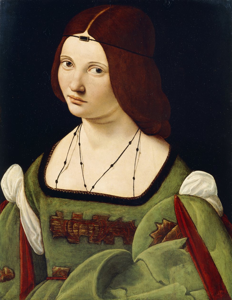 Porträtt av en dam, sägs vara Clarice Pusterla, halvlångt, i en grön klänning, av Giovanni Antonio Boltraffio