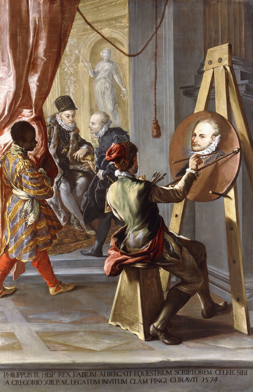 Fabio Albergati mottogs av Filip II av Spanien, medan en konstnär i hemlighet utför sitt porträtt på kungens instruktioner av Giovanni Antonio Burrini or Burino