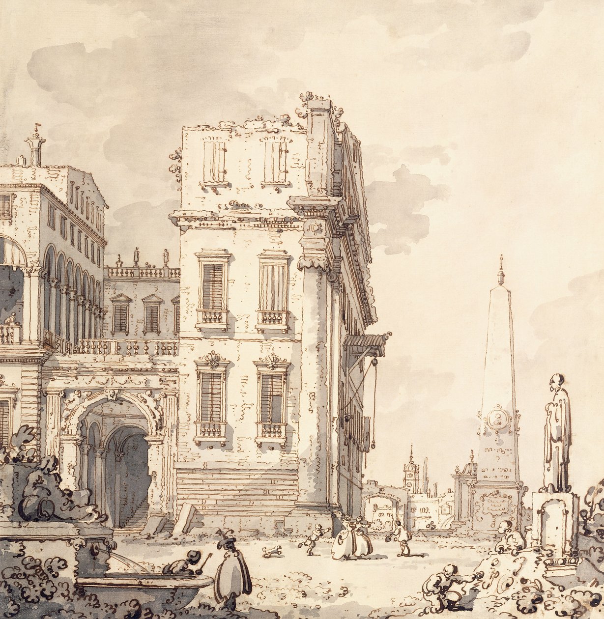 En capriccio av ett venetianskt palats med utsikt över en piazza med en obelisk, av Giovanni Antonio Canal