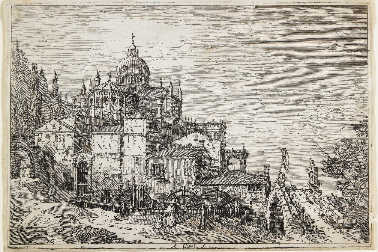 Landskap med en kyrka, hus och en kvarn av Giovanni Antonio Canal