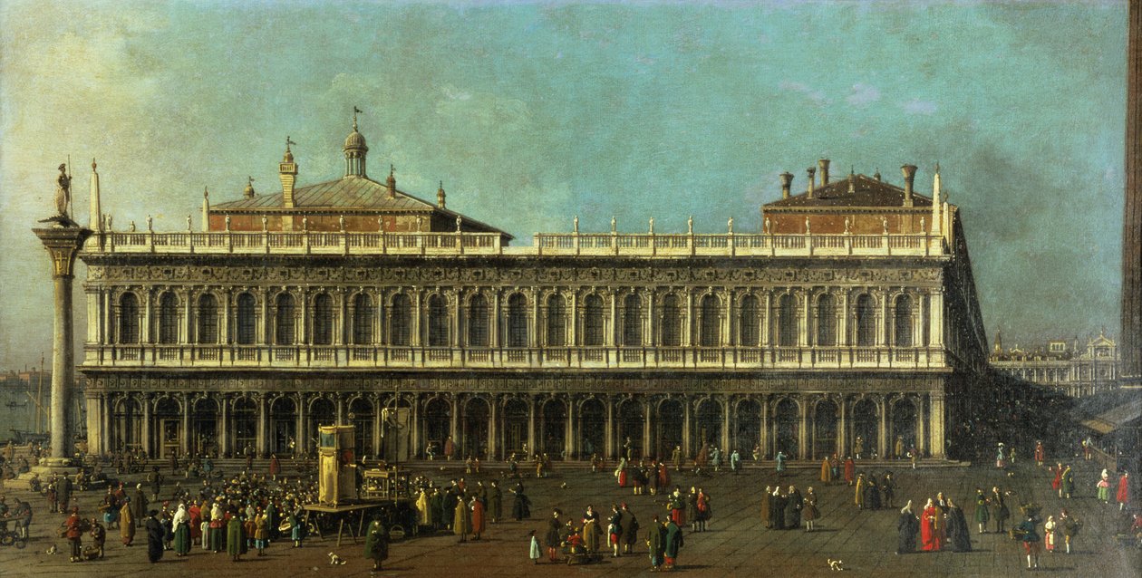 Biblioteket och Piazzetta, Venedig, blickar västerut med många figurer och en dockteater, ca 1740 av Giovanni Antonio Canal