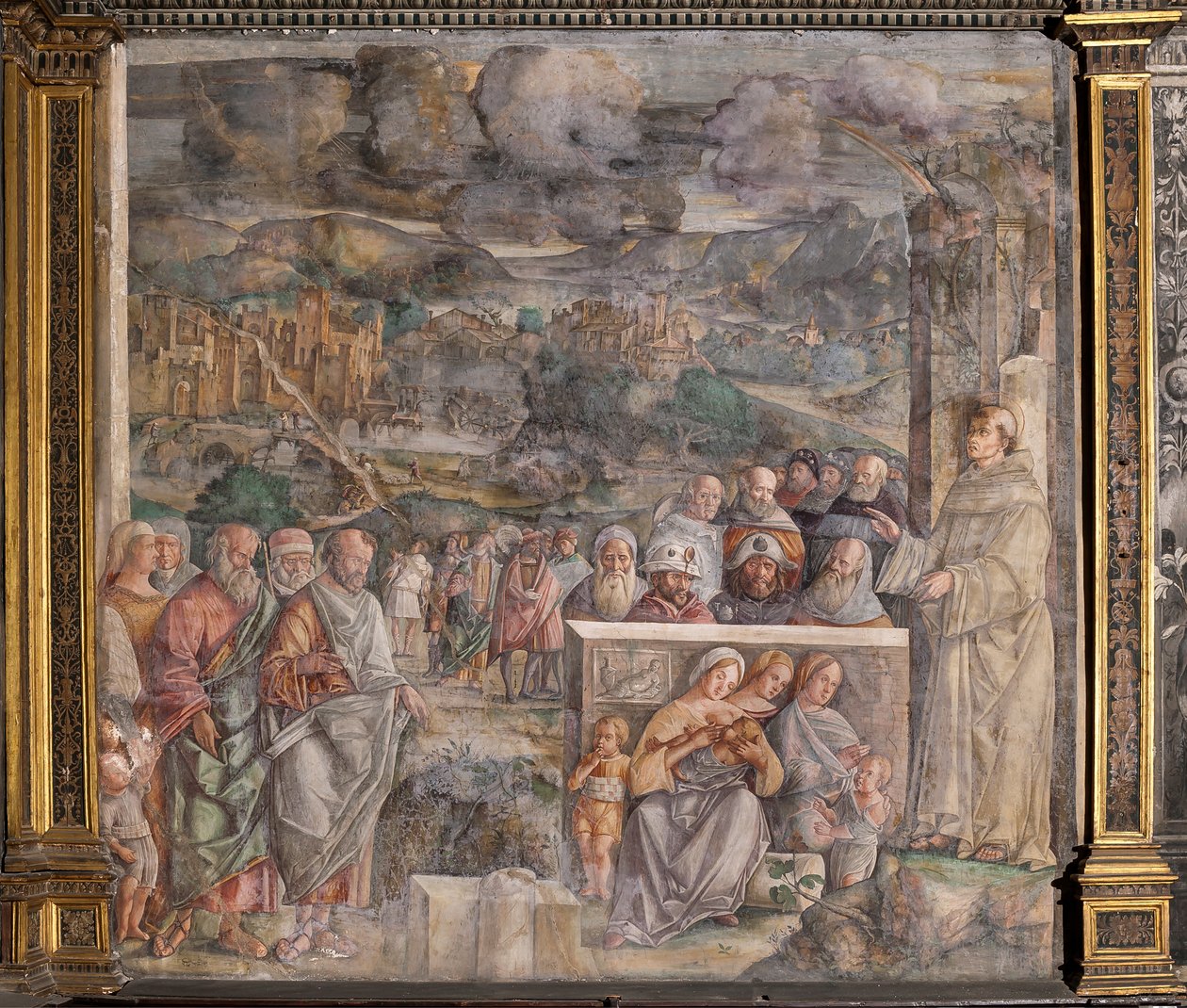 St Anthony anländer till Padua, där han återställer freden mellan medborgarna med styrkan och sötman i sin predikan, School of the Saint av Giovanni Antonio Corona