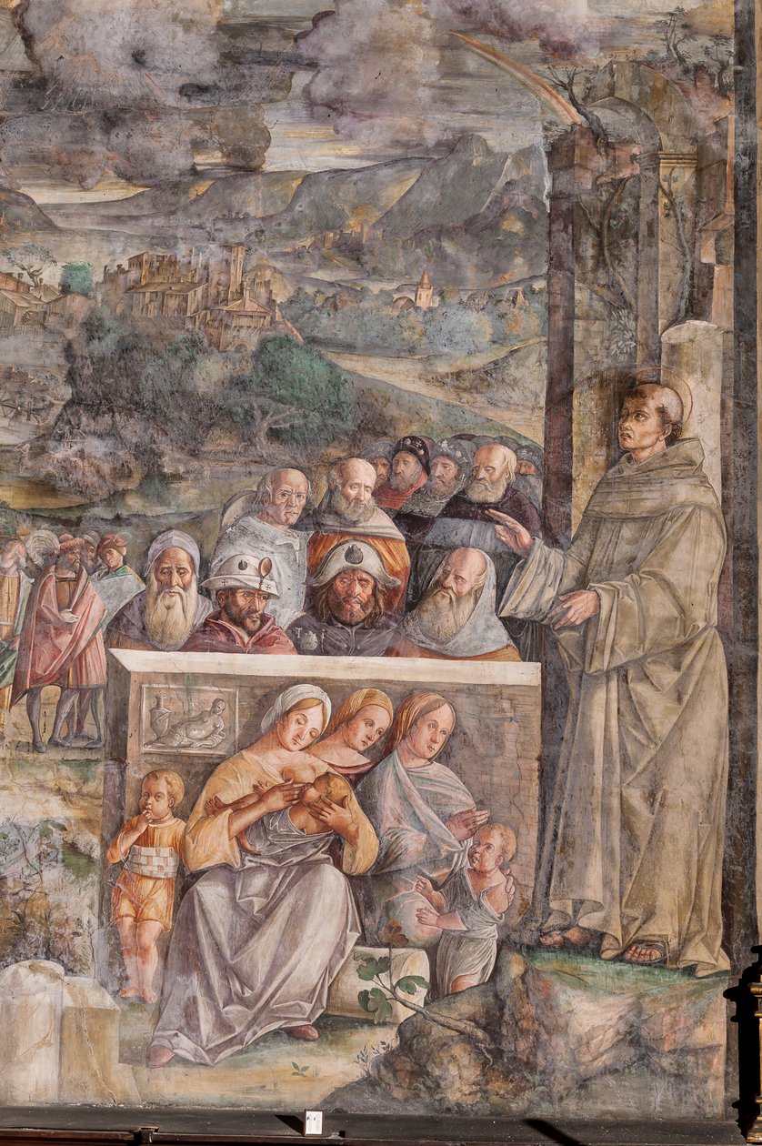St Anthony anländer till Padua, där han återställer freden mellan medborgarna med styrkan och sötman i sin predikan, School of the Saint, detalj av 2196876 av Giovanni Antonio Corona