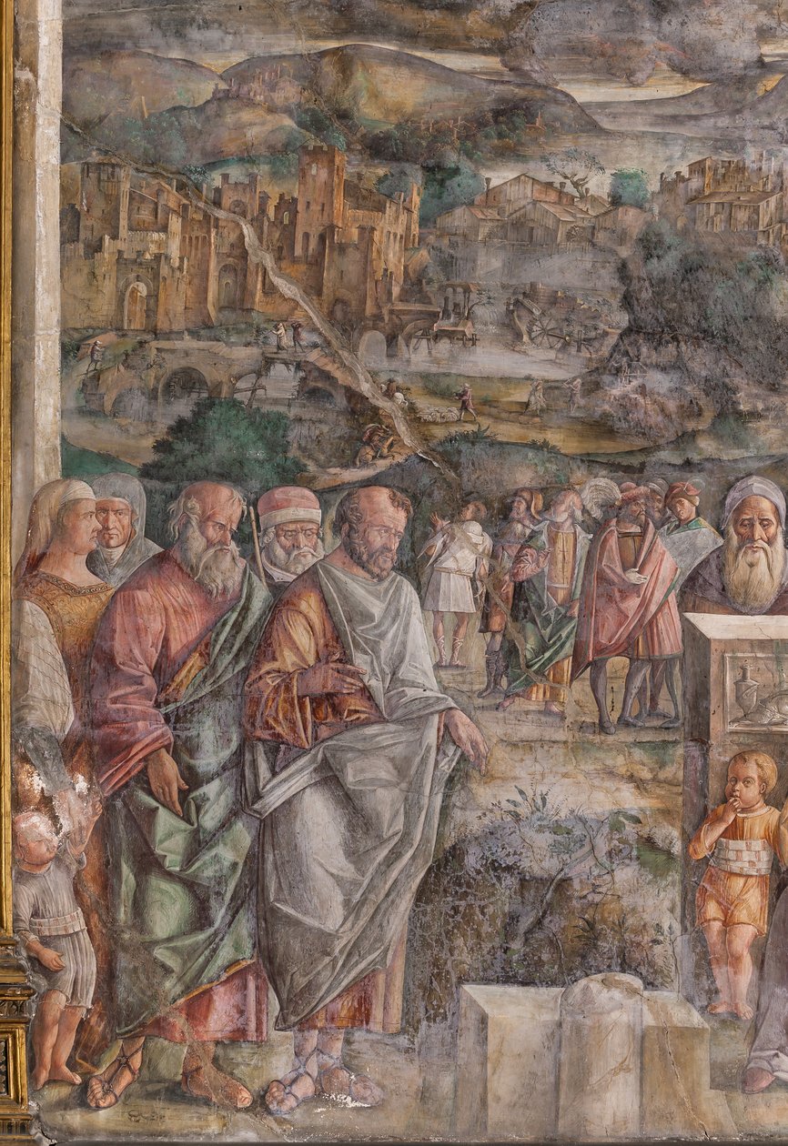 St Anthony anländer till Padua, där han återställer freden mellan medborgarna med styrkan och sötman i sin predikan, School of the Saint, detalj av 2196876 av Giovanni Antonio Corona