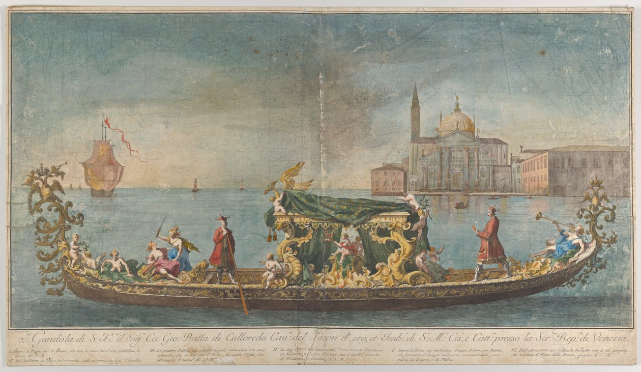 Den mycket ornamenterade andra gondolen av ambassadör Giovanni Battista Colloreado enterin..., 1720-30. av Giovanni Antonio Faldoni