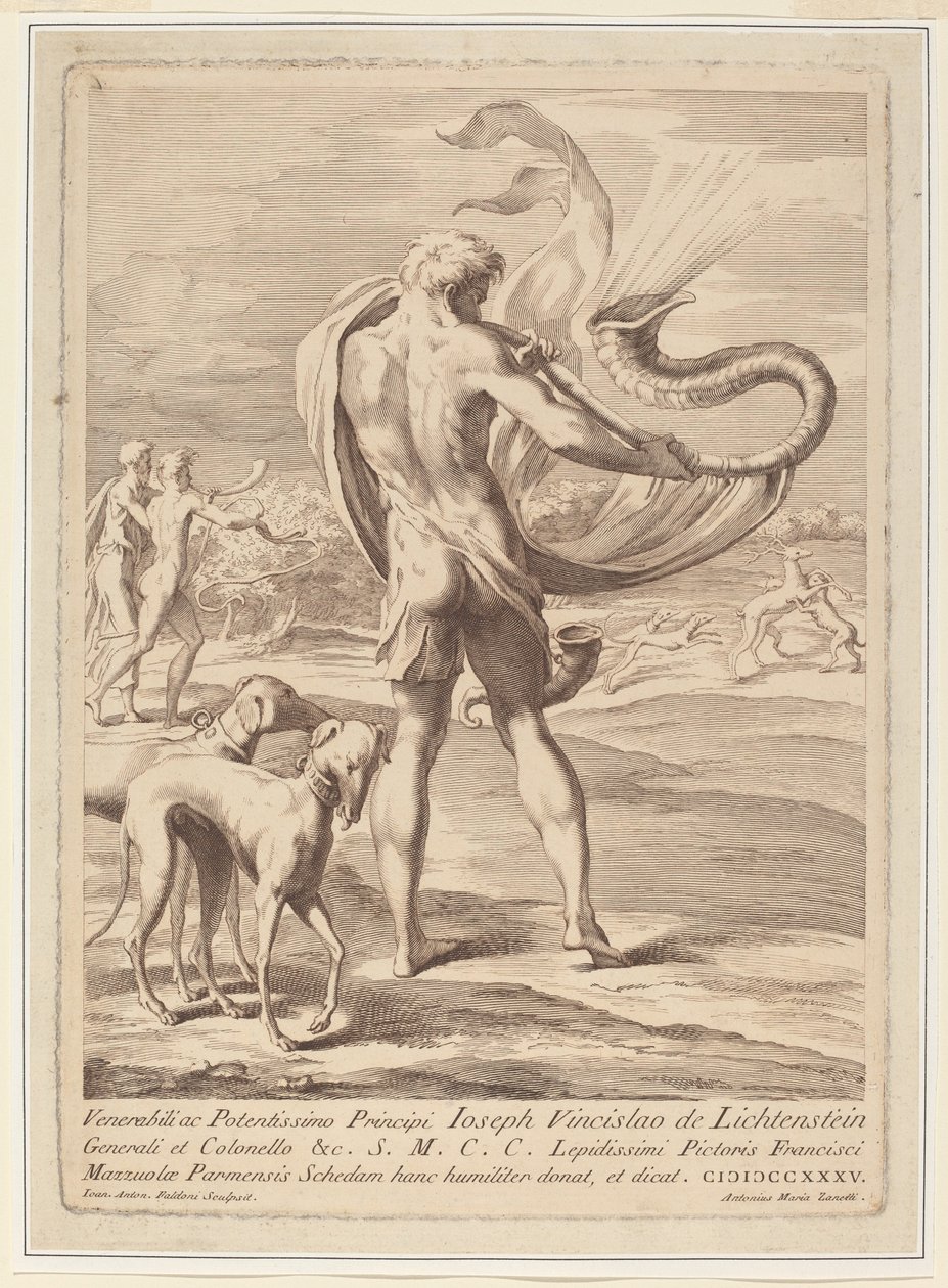 Naken man som blåser en conch av Giovanni Antonio Faldoni after Parmigianino