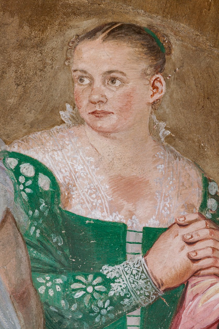 Kvinnlig figur, detalj av Scipios nåd, kaminens rum, ca 1560-65 (fresk) av Giovanni Antonio Fasolo
