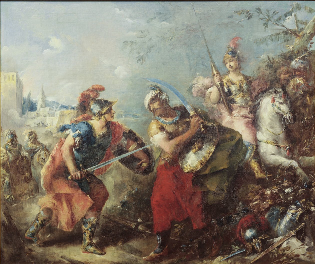 Kampen mellan Tancred och Argante med Clorinda i bakgrunden av Giovanni Antonio Guardi