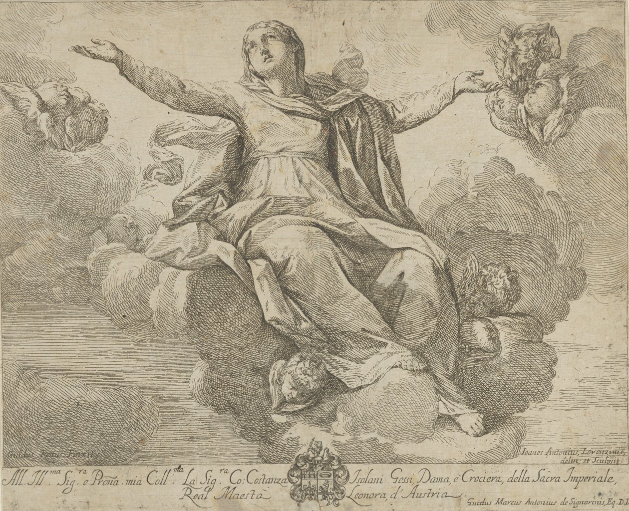 Jungfruns antagande, som sitter i molnen med utsträckta armar, ang..., 1685-1720. av Giovanni Antonio Lorenzini