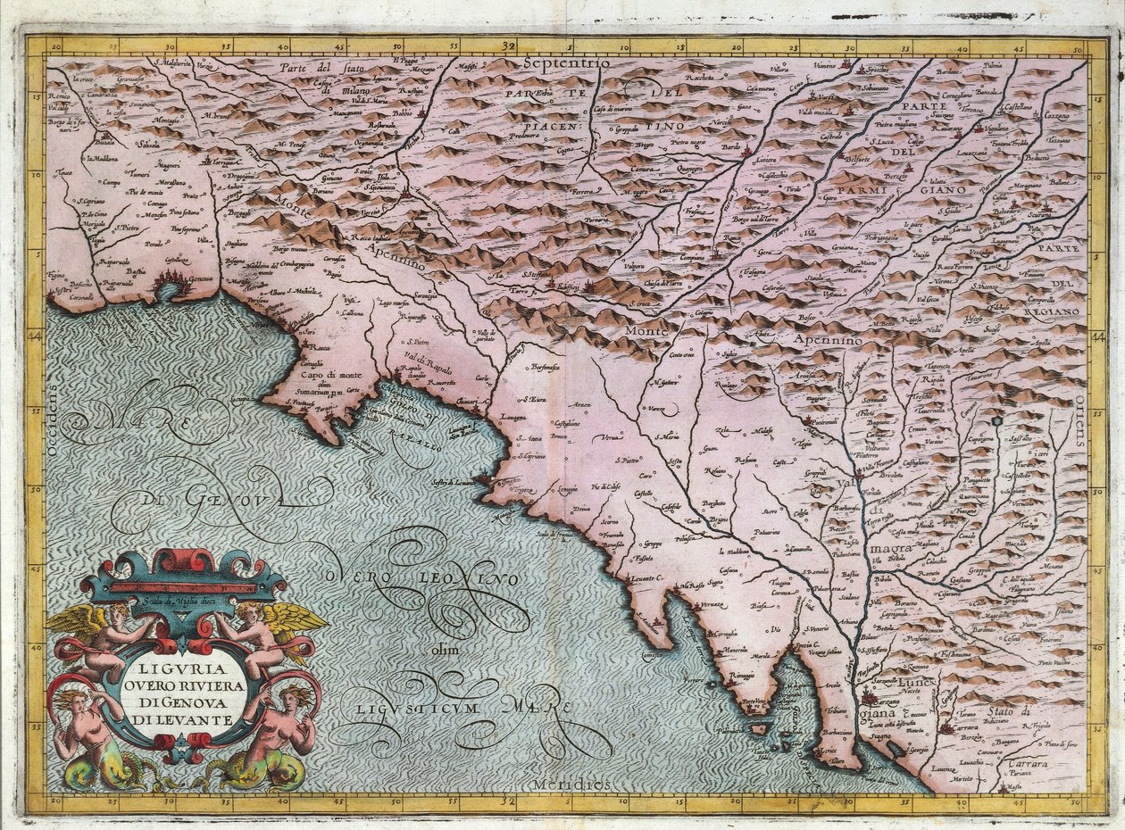 Karta över regionen i östra Ligurien, av Giovanni Antonio Magini, Bologna, Kopparstick av Giovanni Antonio Magini
