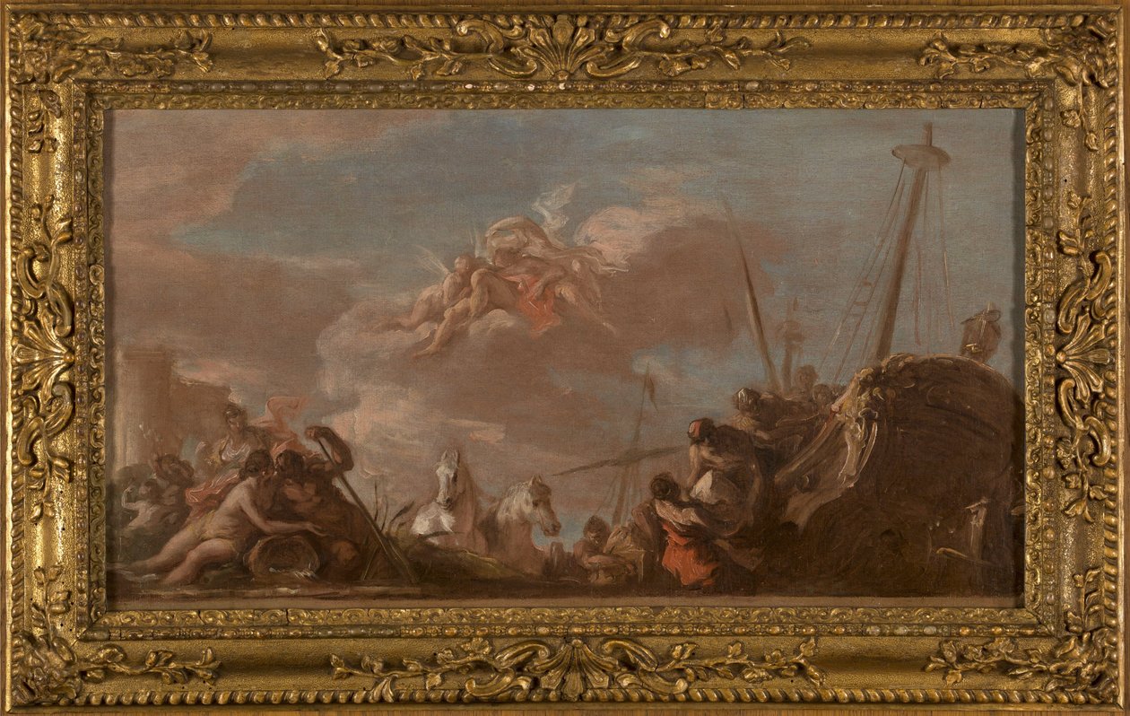 Skiss till taket på Banque Royale: Le Déchargement en bord de Seine de marchandises en provenance de la Louisiane, en 1720 (olja på duk (väv)) av Giovanni Antonio Pellegrini