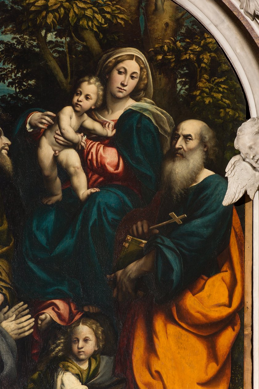 Saint Catherines altare, Madonna och barn mellan de heliga Filip och Jakob och donatorn Giacomo Schizzi, Il Pordenone 1522, detalj av Giovanni Antonio Pordenone