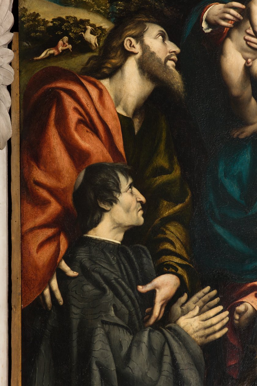 Sankta Katarinas altare, Madonna och barnet mellan de heliga Filip och Jakob och donatorn Giacomo Schizzi, Il Pordenone 1522, Detalj av Giovanni Antonio Pordenone