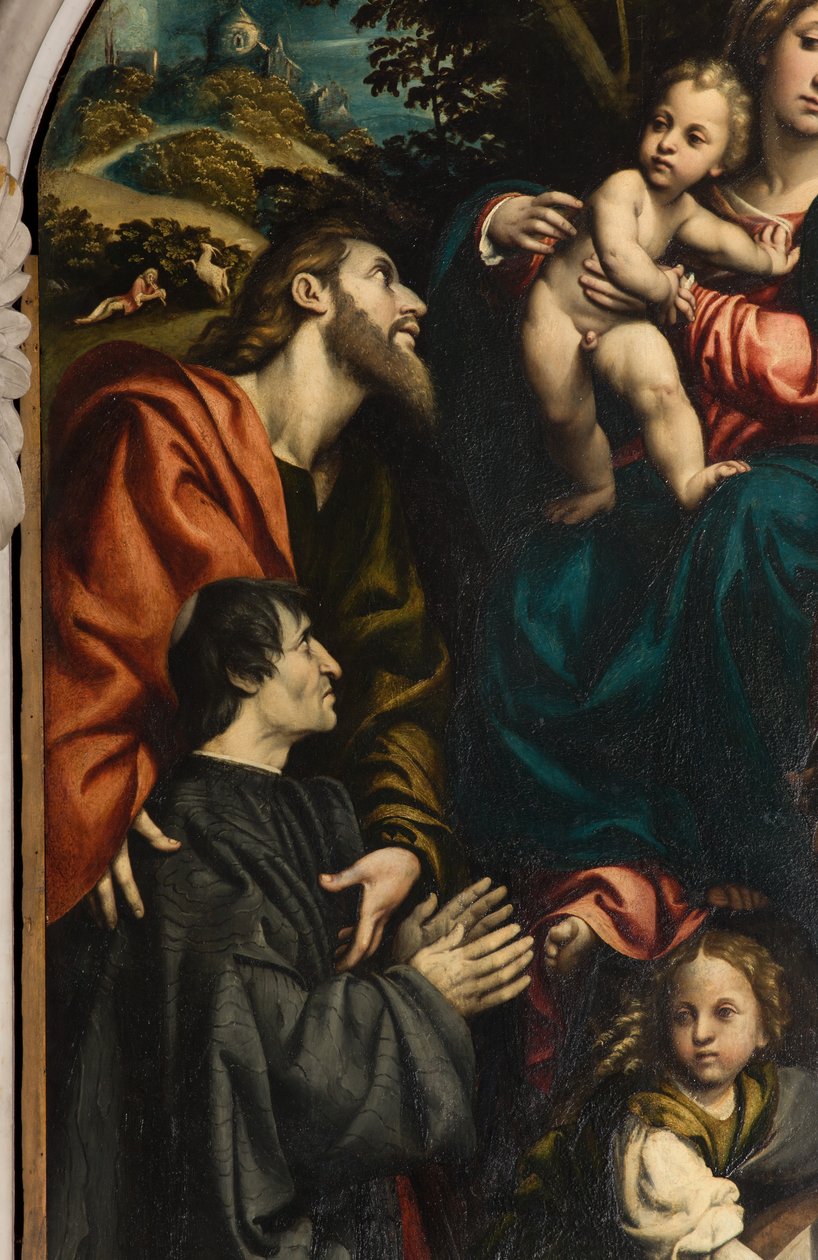 Saint Catherines altare, Madonna och barn mellan de heliga Filip och Jakob och donatorn Giacomo Schizzi, Il Pordenone 1522, detalj av Giovanni Antonio Pordenone