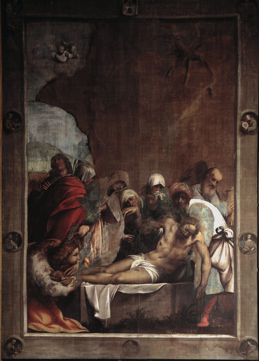 La deposition du christ (deposition av Kristus) Målning av Giovanni Antonio de Sacchis kallad il Pordenone (1484-1539) 1529-1530 Sön 391x291 cm Cortemaggiore (Piacenza), Chiesa dell Annunziata Italien av Giovanni Antonio Pordenone
