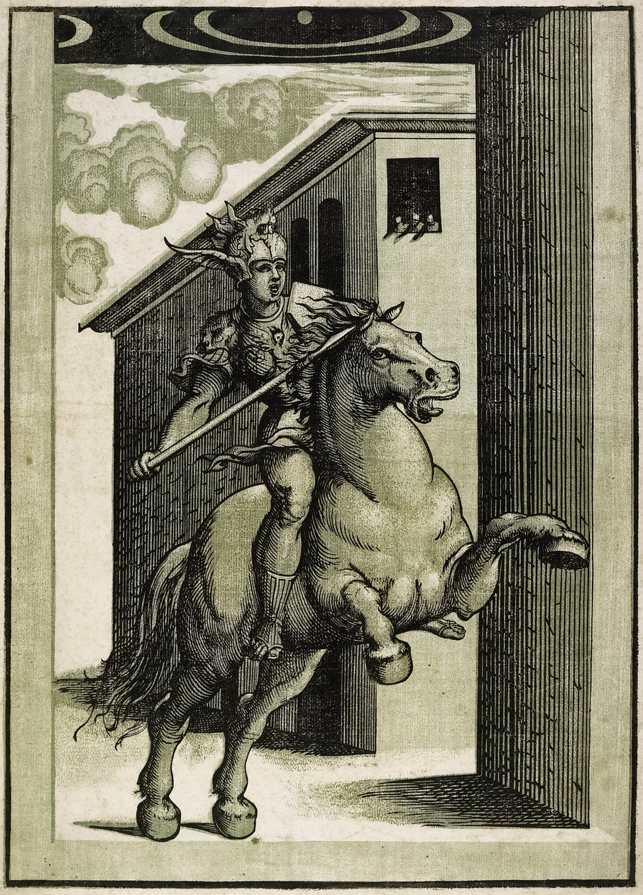Marcus Curtius, ca 1540 (chiaroscuro träsnitt från 3 block) av Giovanni Antonio Pordenone
