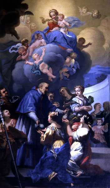 St. Nicholas delar ut sina tre påsar med guld, ca 1705 (olja på duk) av Giovanni Antonio Pucci