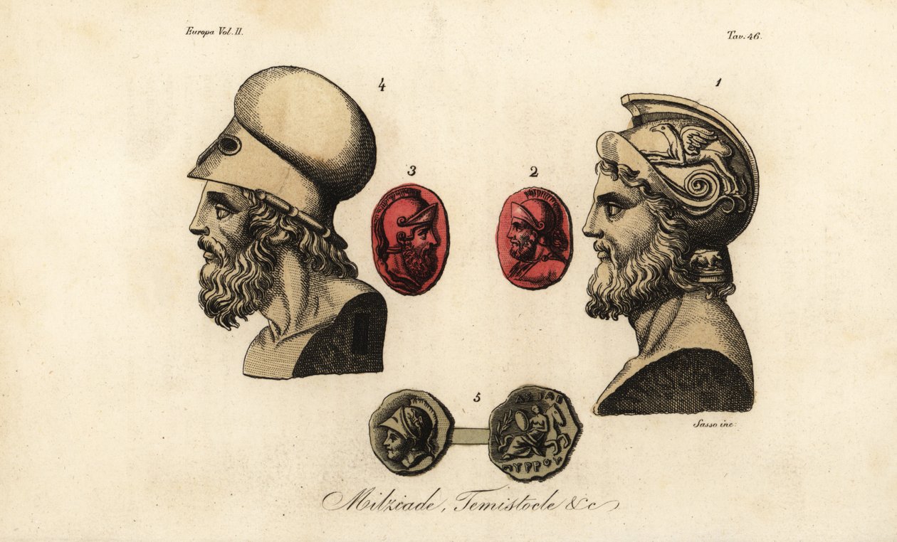 Byster och ädelstenar av de atenska politikerna Miltiades den yngre 1,2, Themistokles 3,4 och kung Pyrrhus I 5 av Giovanni Antonio Sasso