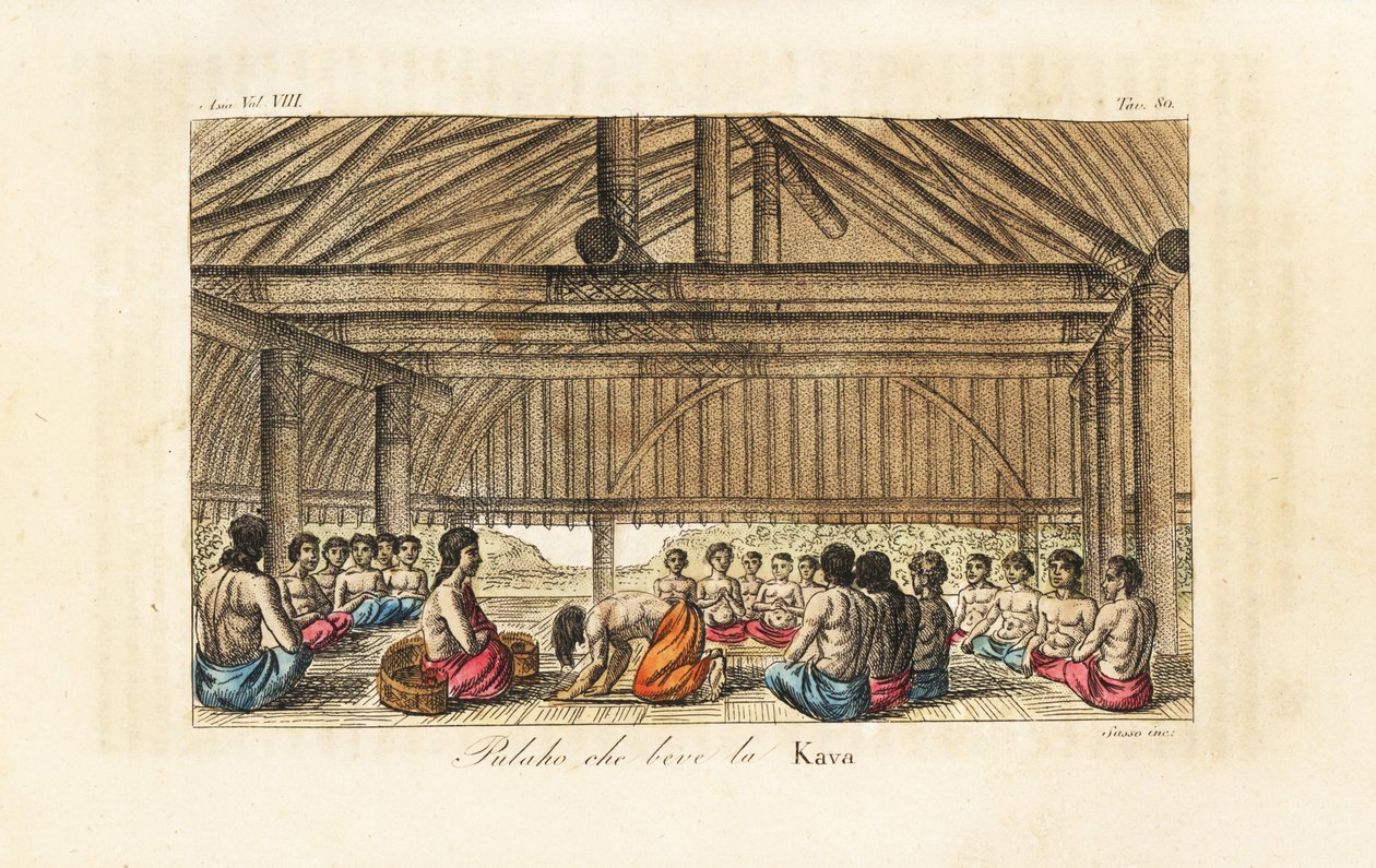 Kung Polaho dricker kava i ett långhus, Tonga (vänliga öar). Handfärgad kopparplåt graverad av Sasso efter John Webber från Giulio Ferrario