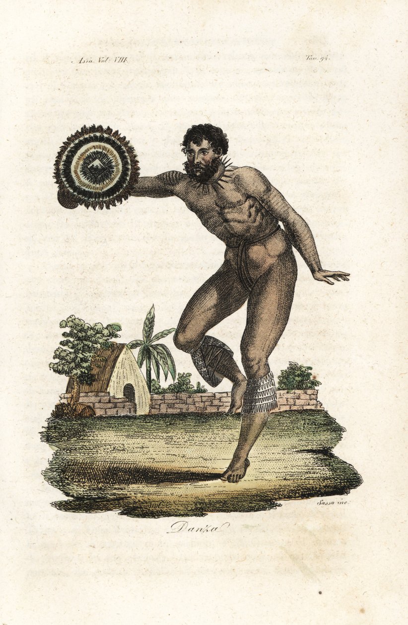 Nakentatuerad man från Hawaii (Sandwichöarna) som dansar för kapten James Cook av Giovanni Antonio Sasso
