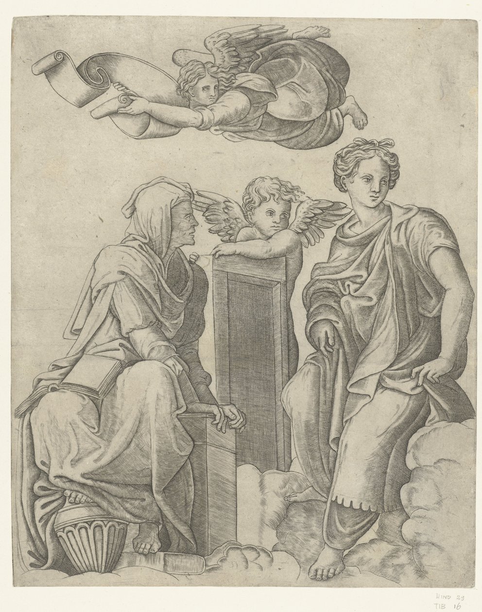 Två sibyller och ängel och putto Dialektik och logik av Giovanni Antonio da Brescia (attributed to)