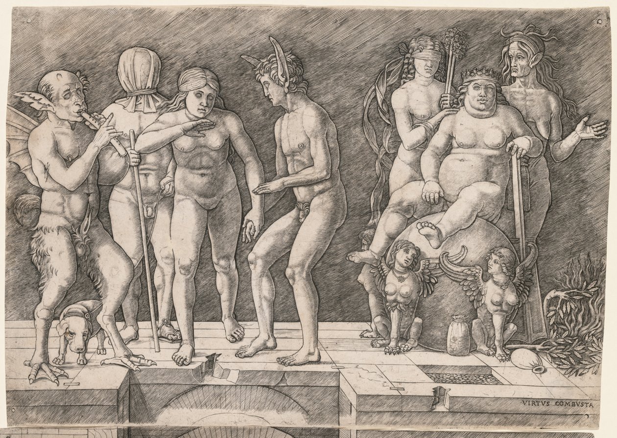 Allegori över den okunniga mänsklighetens fall: Virtus Combusta, ca. 1500-1505. av Giovanni Antonio da Brescia