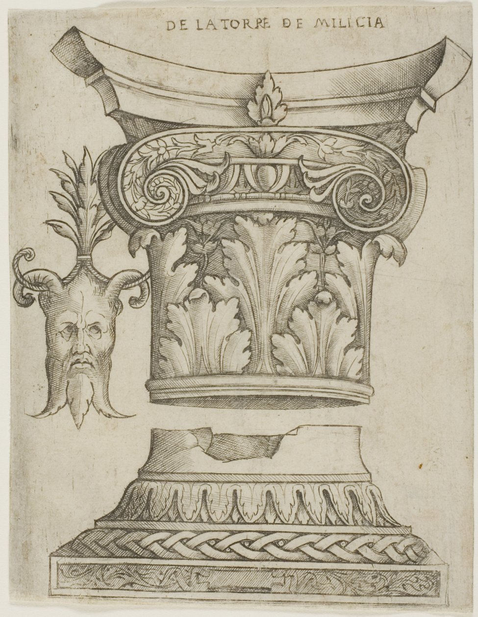 Arkitektoniska detaljer: Bas, Kapital och Mask av Giovanni Antonio da Brescia