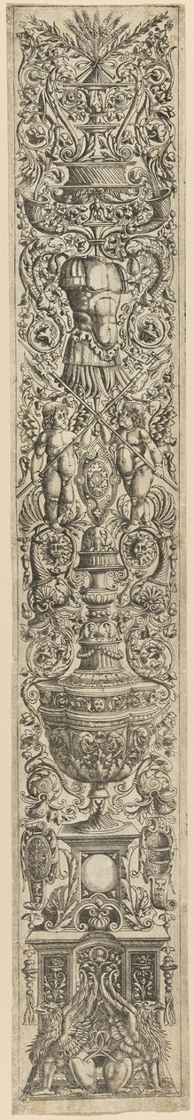 Gripar och två amoriner med korslagda halberder, plansch fem av tolv prydnadspaneler av Giovanni Antonio da Brescia