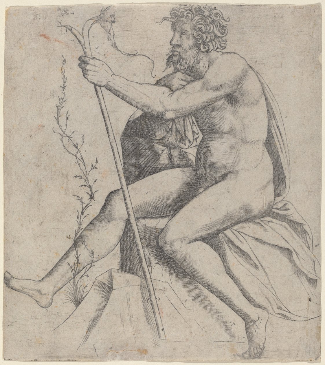 Man som sitter och håller en kluven stav av Giovanni Antonio da Brescia
