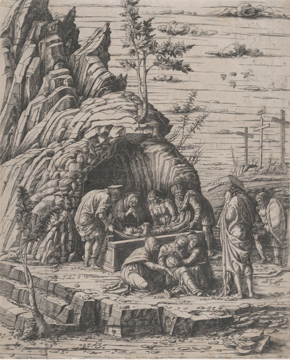 Kristi gravläggning som sänks ned av två män i en stengrav före..., ca. 1470-1500. av Giovanni Antonio da Brescia