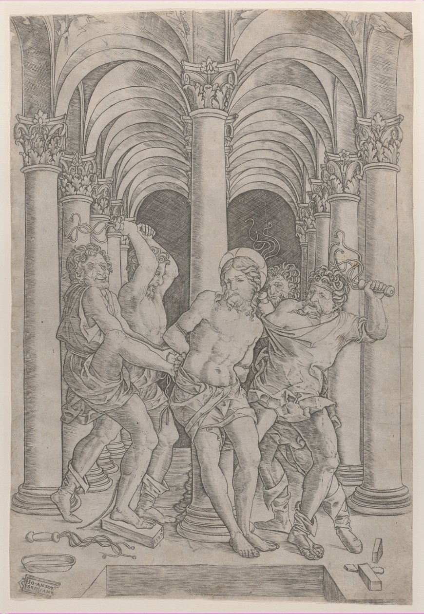 The Flagellation of Christ som är bunden till en kolumn i mitten inställd i en arkad, 1509., 1509. av Giovanni Antonio da Brescia