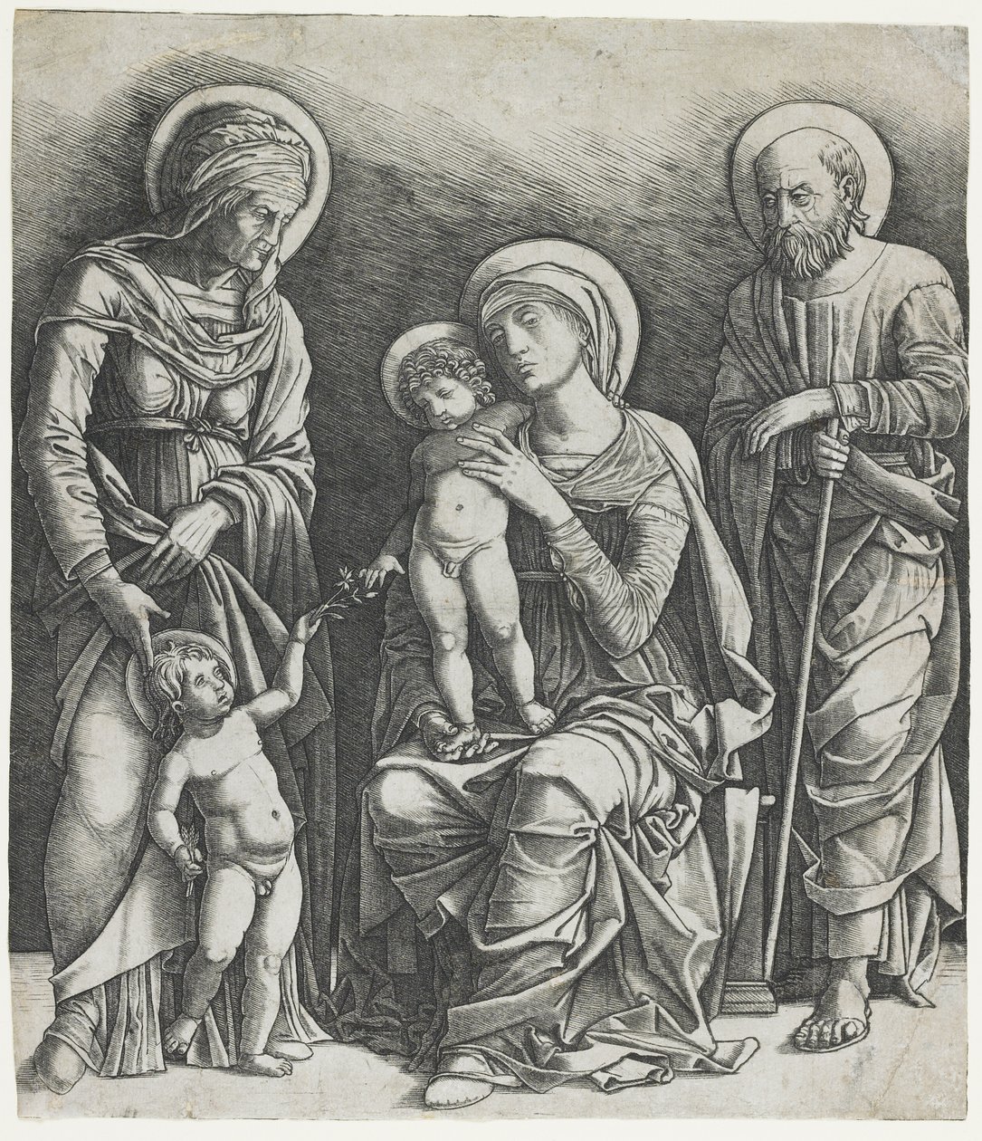 Den heliga familjen med spädbarnet Saint John, ca 1495-1505 (gravyr) av Giovanni Antonio da Brescia