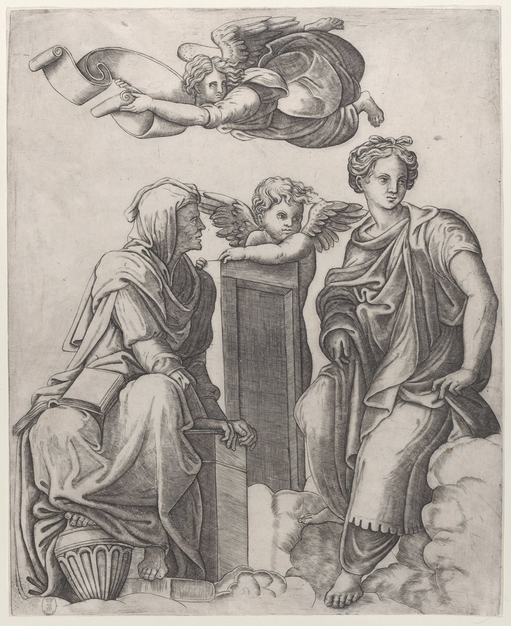 Två kvinnliga figurer som sitter i molnen flankerande en ängel och en annan som flyger ovanför ..., ca. 1510-25. av Giovanni Antonio da Brescia