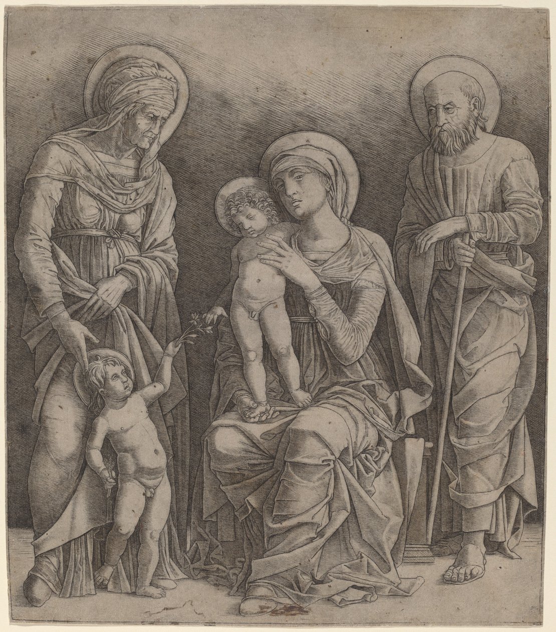 Helig familj med Saint Elizabeth och spädbarnet Saint John av Giovanni Antonio da Brescia, after Andrea Mantegna