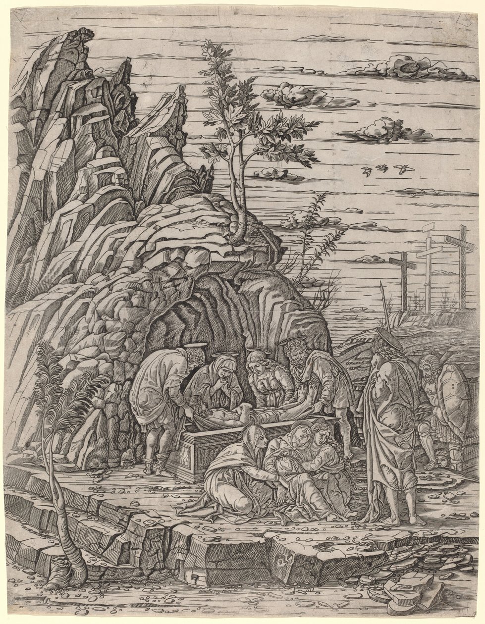 Gravläggningen med tre fåglar av Giovanni Antonio da Brescia, after Andrea Mantegna