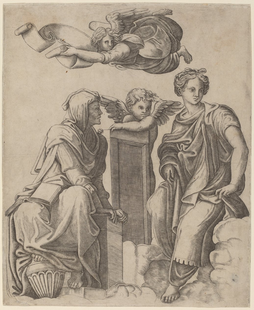 Två sibyllor och en ängel av Giovanni Antonio da Brescia after Raphael