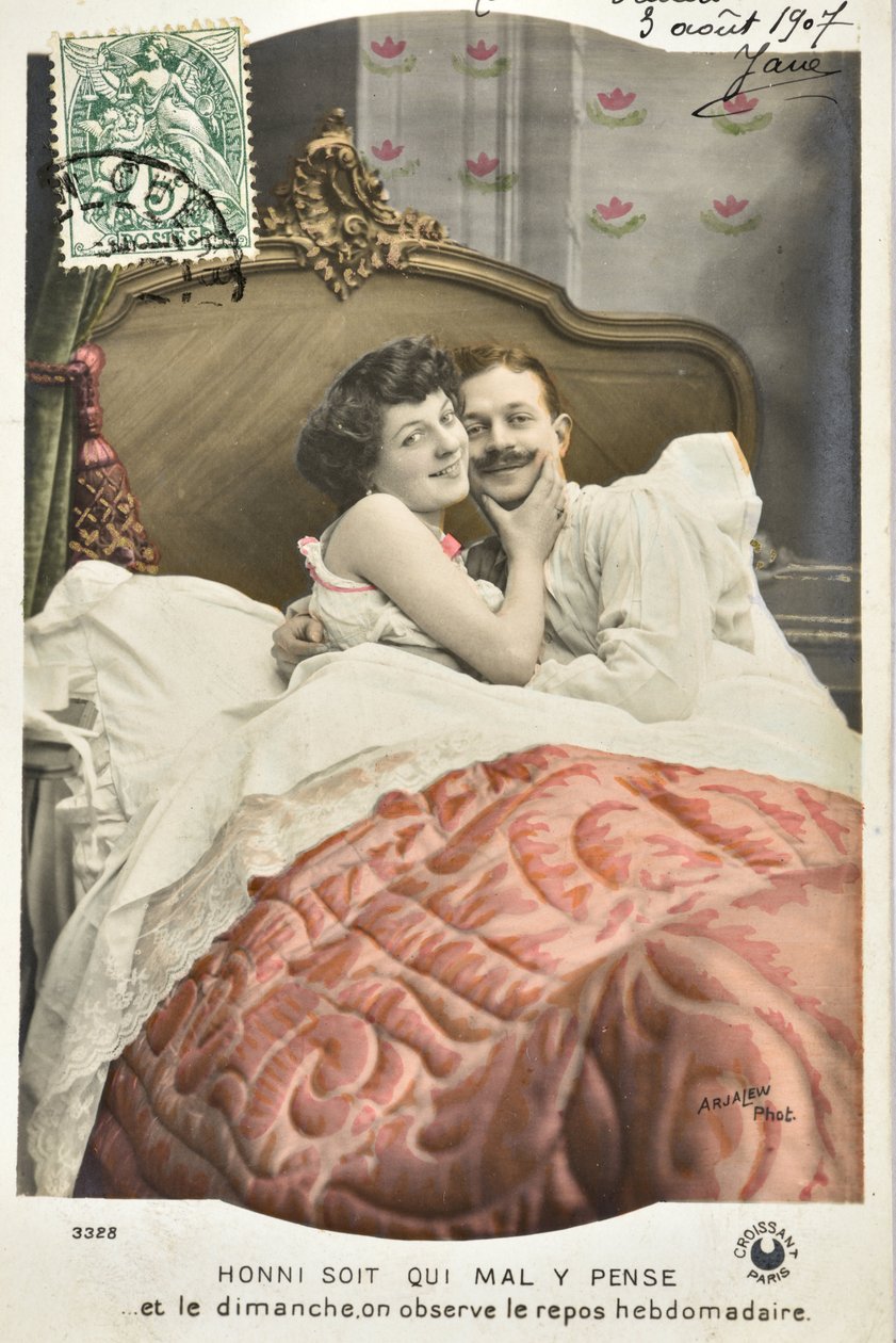 Vykort: Honni be qui mal thought y / Söndagsvila veckovis - datering 1907 av Phillipe de Marlier