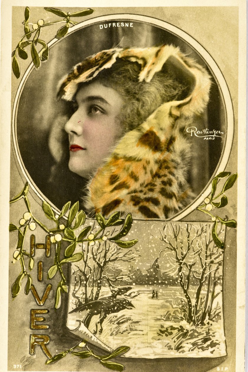 Vykort: Porträtt av Mademoiselle Dufresne, Music Hall Artist av Phillipe de Marlier
