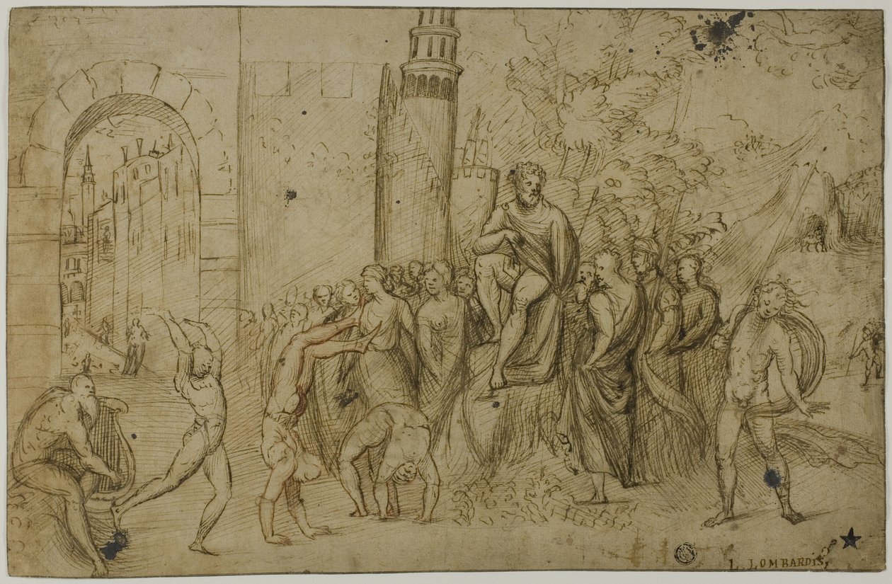 Akrobater som uppträder inför en linjal (recto); Utomhusscen med figurgrupp (verso) av Giovanni Antonio da Pordenone
