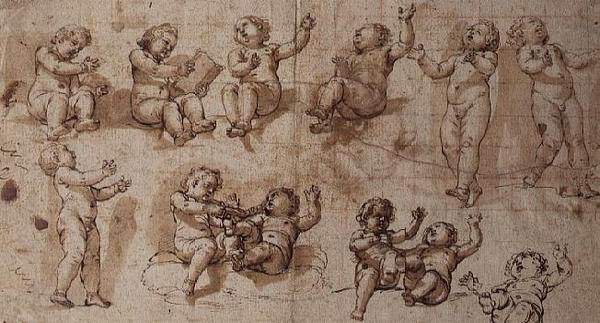 Studier av Putti (penna, bläck, tvätt och krita) av Giovanni Baglione